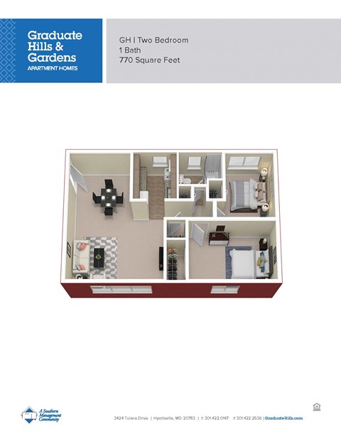 Floor plan for 2 beds, 1 bath, 741 sqft